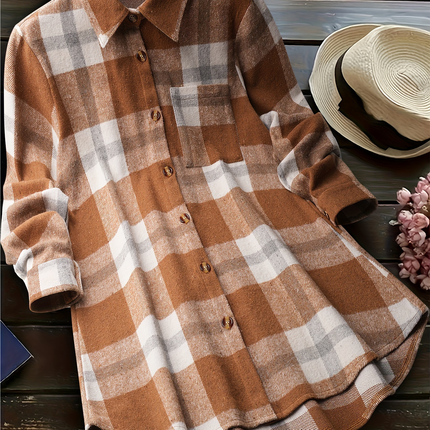 

Plus Size Fashionable Women's Shirt - Cozy Polyester, Casual Long Sleeve Button-up With Lapel Collar, Machine Washable - Brown & White Checkered, Plus Size Blouses