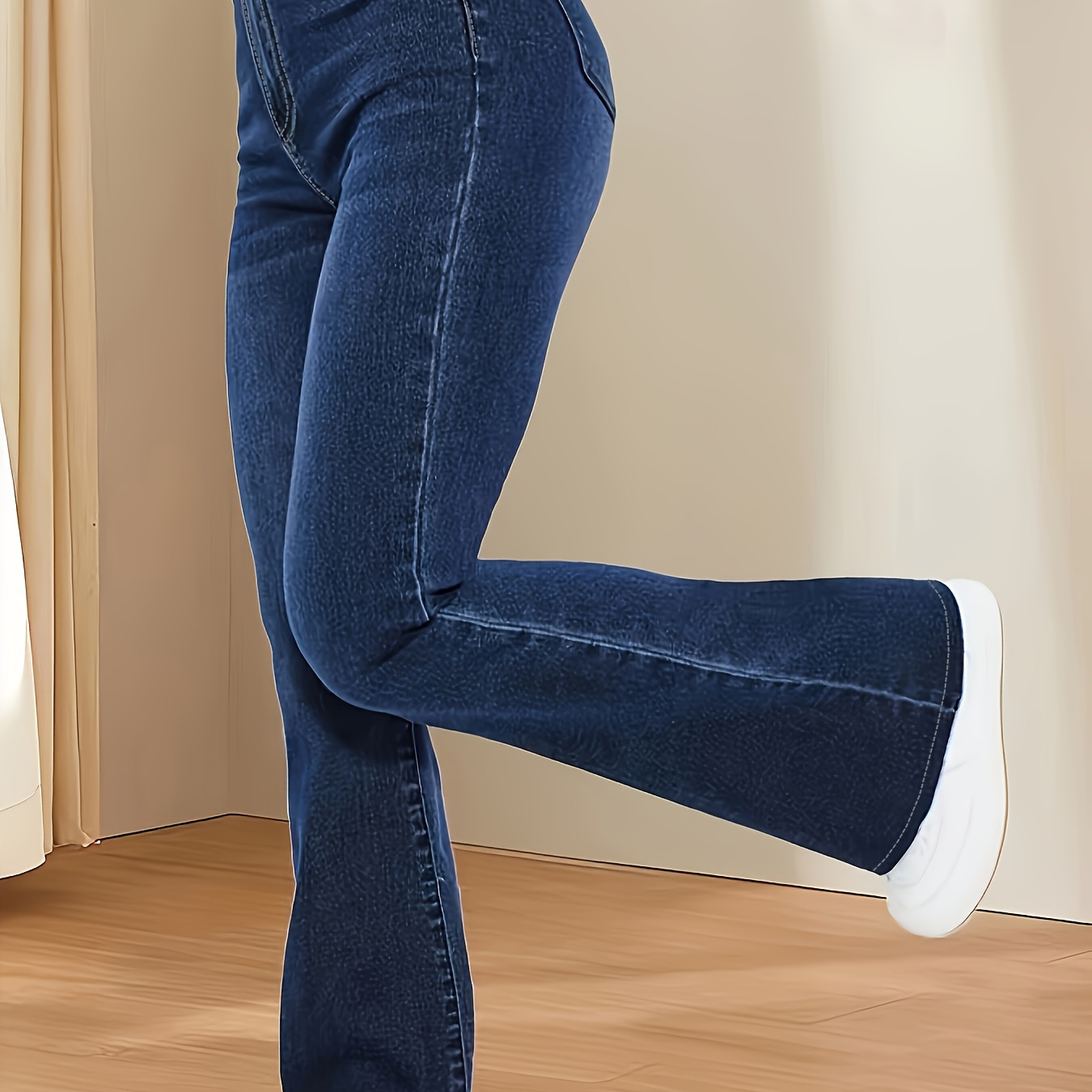 

Dark Blue Whiskering Flare Leg Jeans, High Rise Stretchy Stylish Denim Pants, Women's Denim Jeans & Clothing