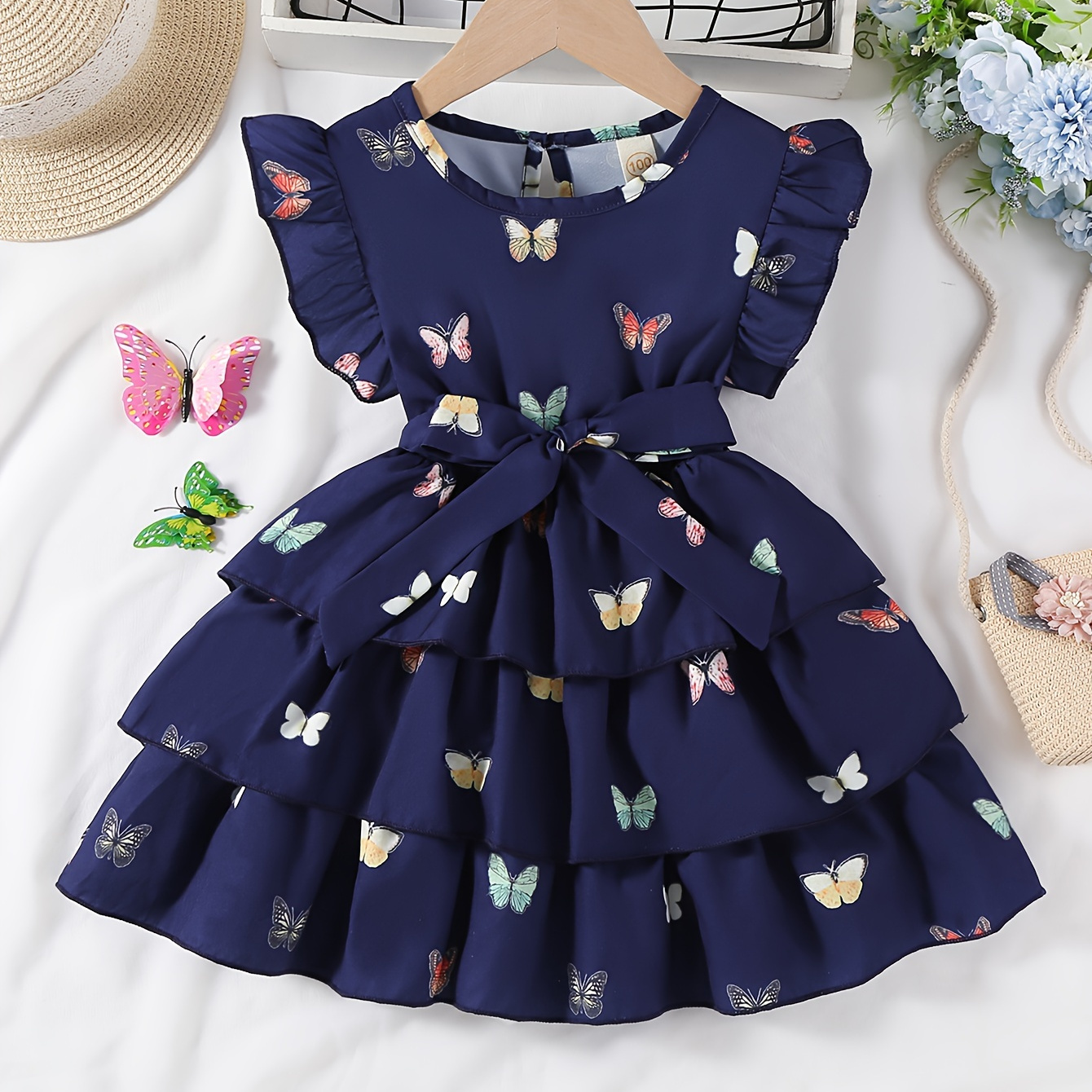 

Girls Elegant Butterfly Graphic Ruffle Layer Casual Princess Dress For Summer