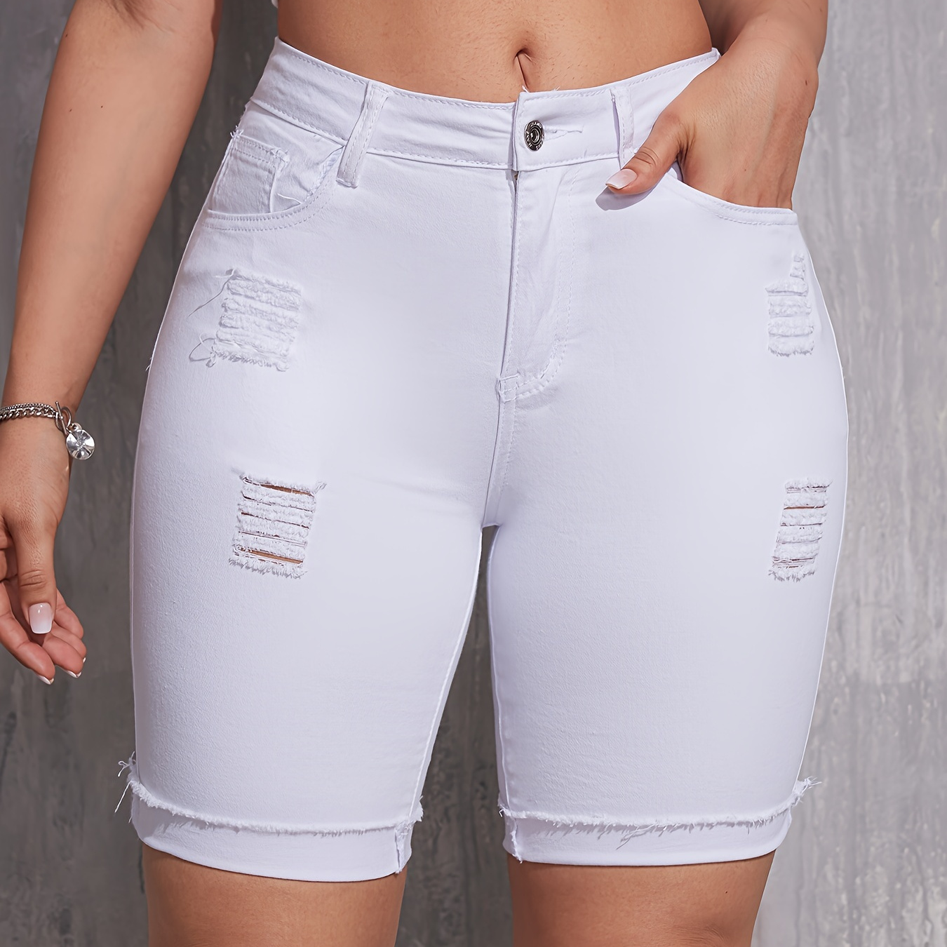 

Solid Roll Up Hem Ripped Denim Shorts, Slash Pocket Sexy Elastic Denim Shorts, Women's Denim Jeans & Clothing