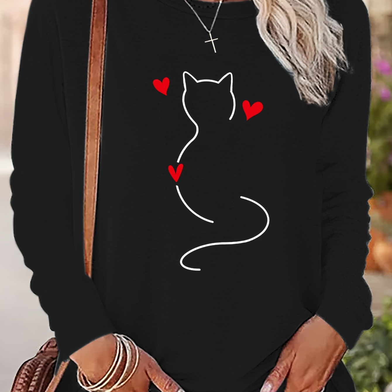 

Cat Print T-shirt, Long Sleeve Crew Neck Casual Top For Spring & Fall, Women's Clothing