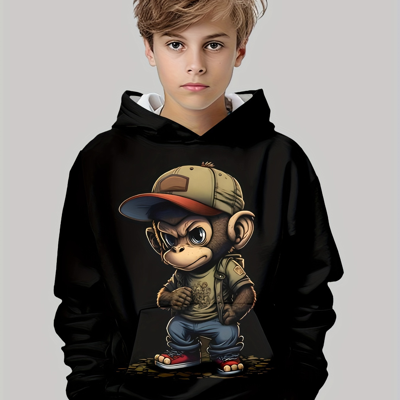 

Cute Monkey With Schoolbag 3d Print Hoodies For Boys - Casual Graphic Design With Stretch Fabric For Comfortable Spring/autumn Wear