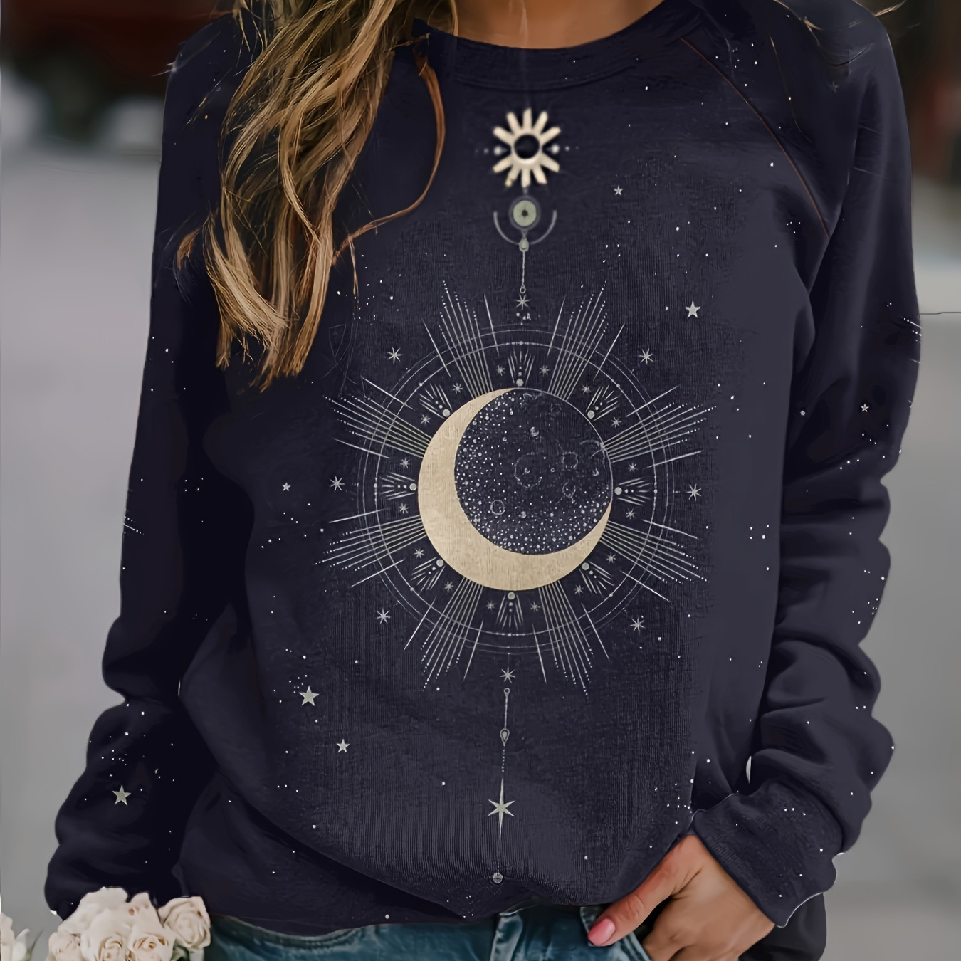 

Star & Moon Print Crew Neck Sweatshirt, Casual Long Sleeve Raglan Shoulder Sweatshirt, Women's Clothing