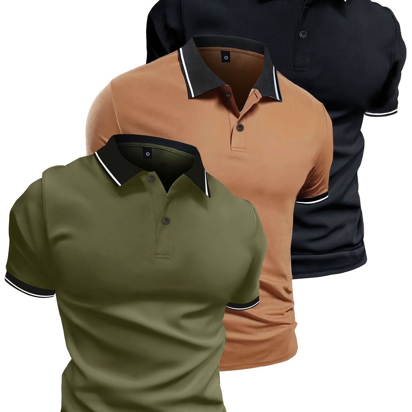 

3pcs Men's Solid Colour Short Sleeve Golf Shirts, Comfy Casual Elastic Tops, Men's Clothing