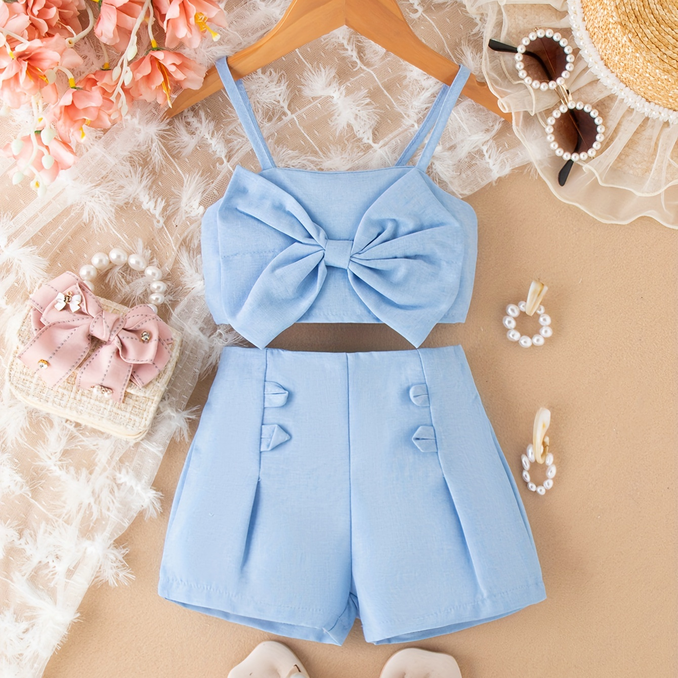 

Baby's Cute Bowknot Decor 2pcs Casual Summer Outfit, Cami Top & Button Decor Shorts Set, Toddler & Infant Girl's Clothes For Daily/holiday/party