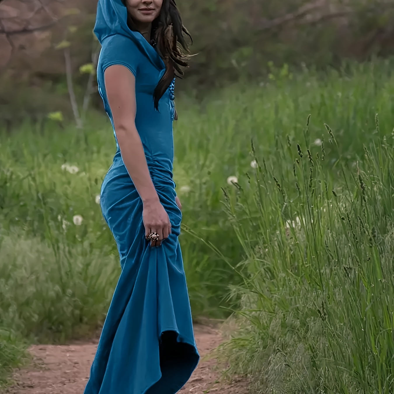 

Women' Patchwork Hooded Back Hollow Medieval Dress