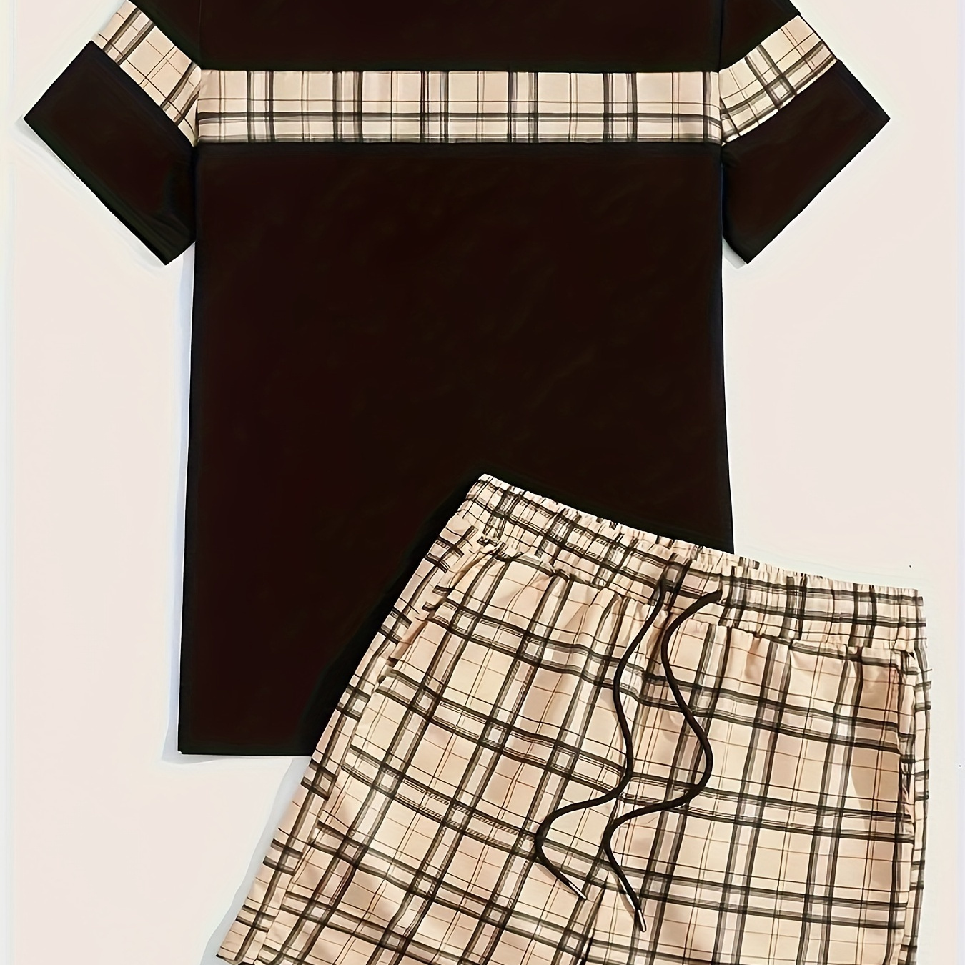 

Plaid Print Men's Short Sleeve T-shirt & Drawstring Shorts 2pcs Casual Sports Regular Tee Top Pants Co Ord Set For Spring Summer, As Gifts