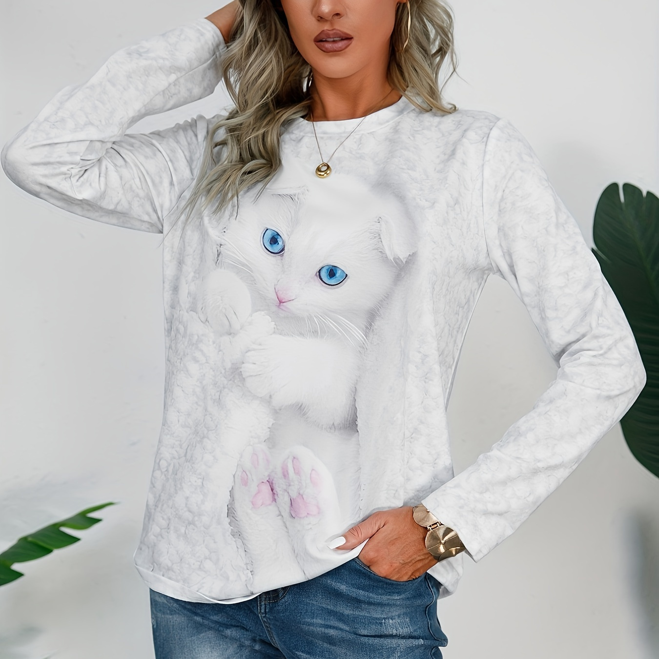

Full Printed Sweatshirt, Cute Cat Print Casual Long Sleeve Sweatshirt For Fall & Winter, Women's Clothing