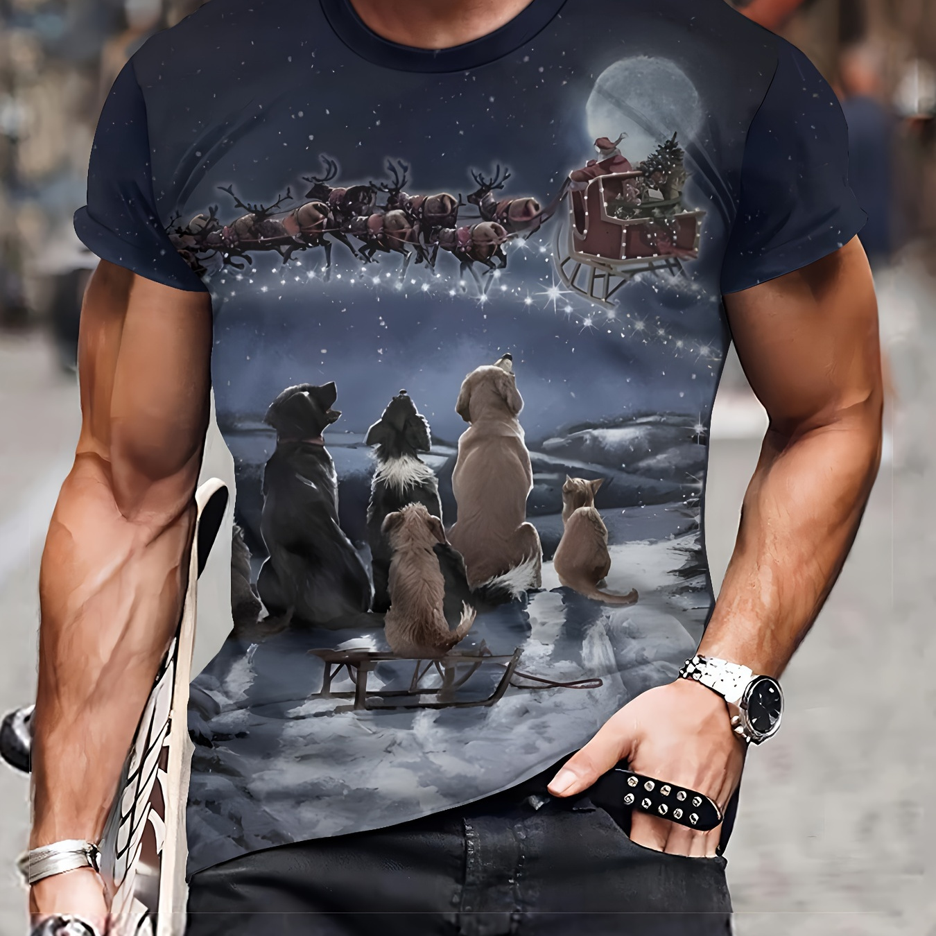 

Men' 3d Novelty T-shirt With Dogs Watching Santa Sleigh Print, Casual Crew Neck Polyester Tee With Slight Stretch - Hassna Style