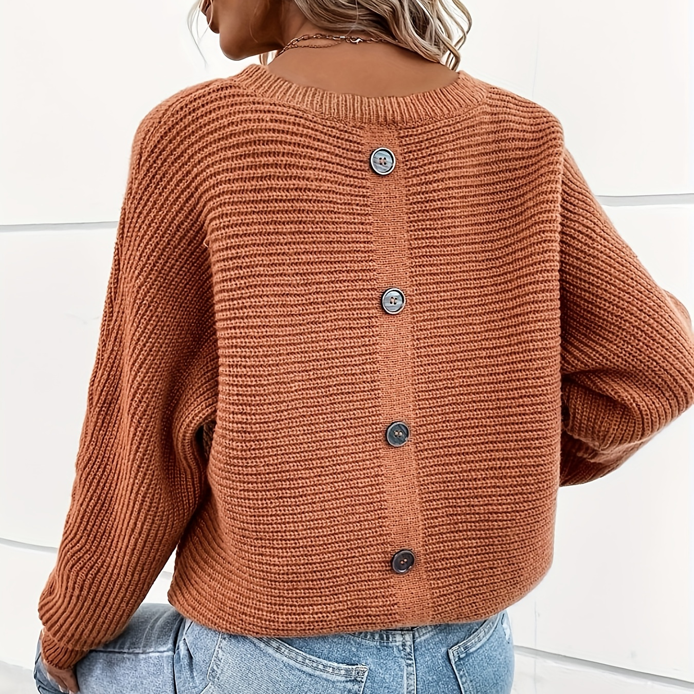 

Pull en tricot à manches chauve-souris élégant avec bouton solide dans le dos, pull à col rond, vêtements pour femmes