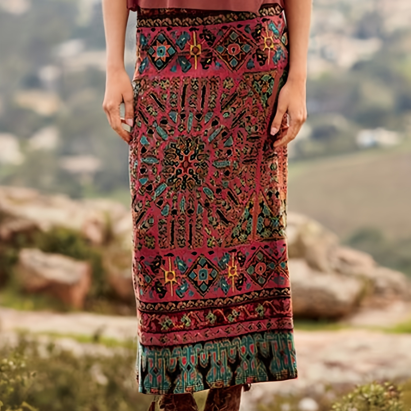 

1pc Vintage Bohemian Maxi Skirt For Women, Spring/summer Knit Fabric, Polyester And Spandex , Print, Mid-calf Length