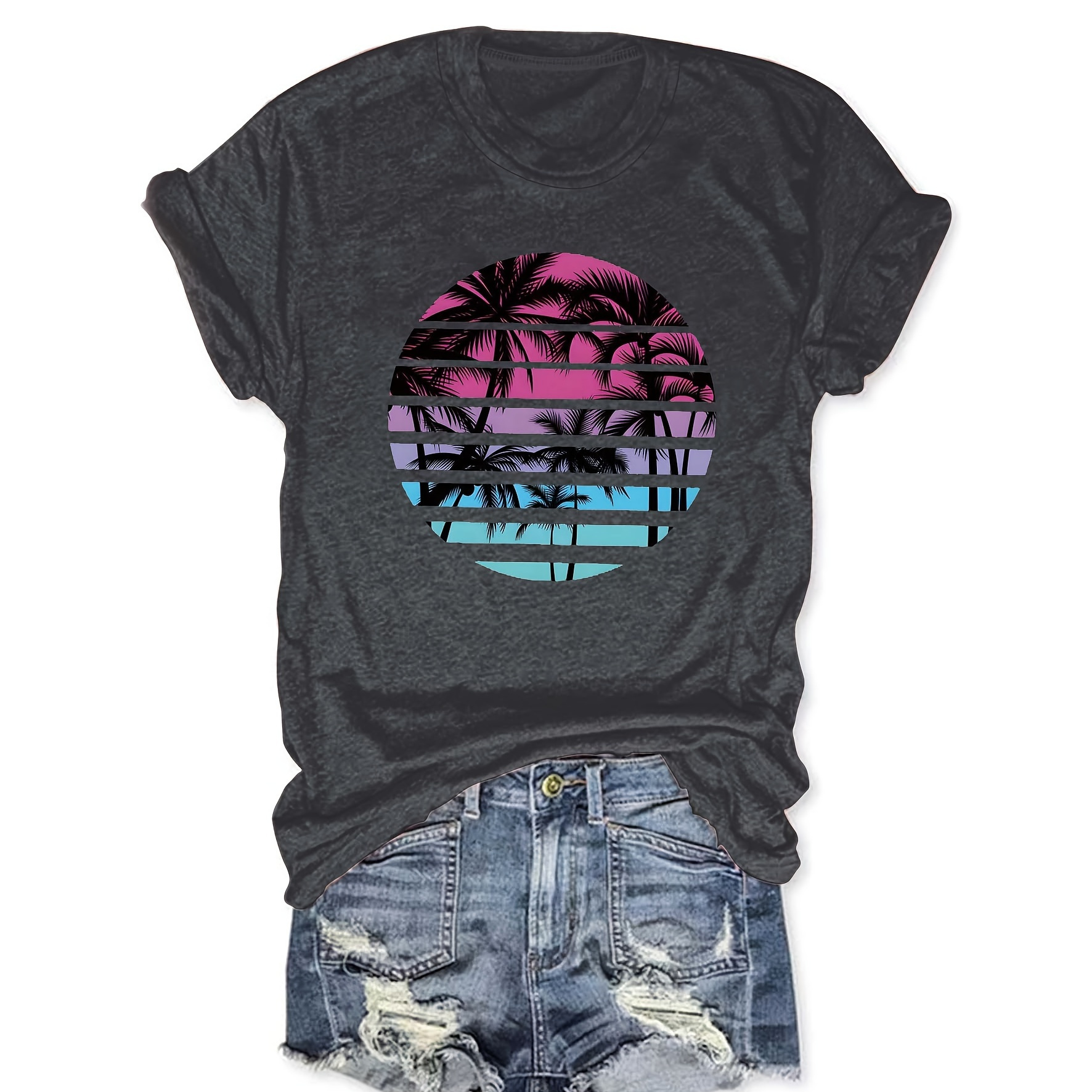 

Coconut Tree Print Short Sleeve T-shirt, Casual Crew Neck Top For Spring & Summer, Women's Clothing
