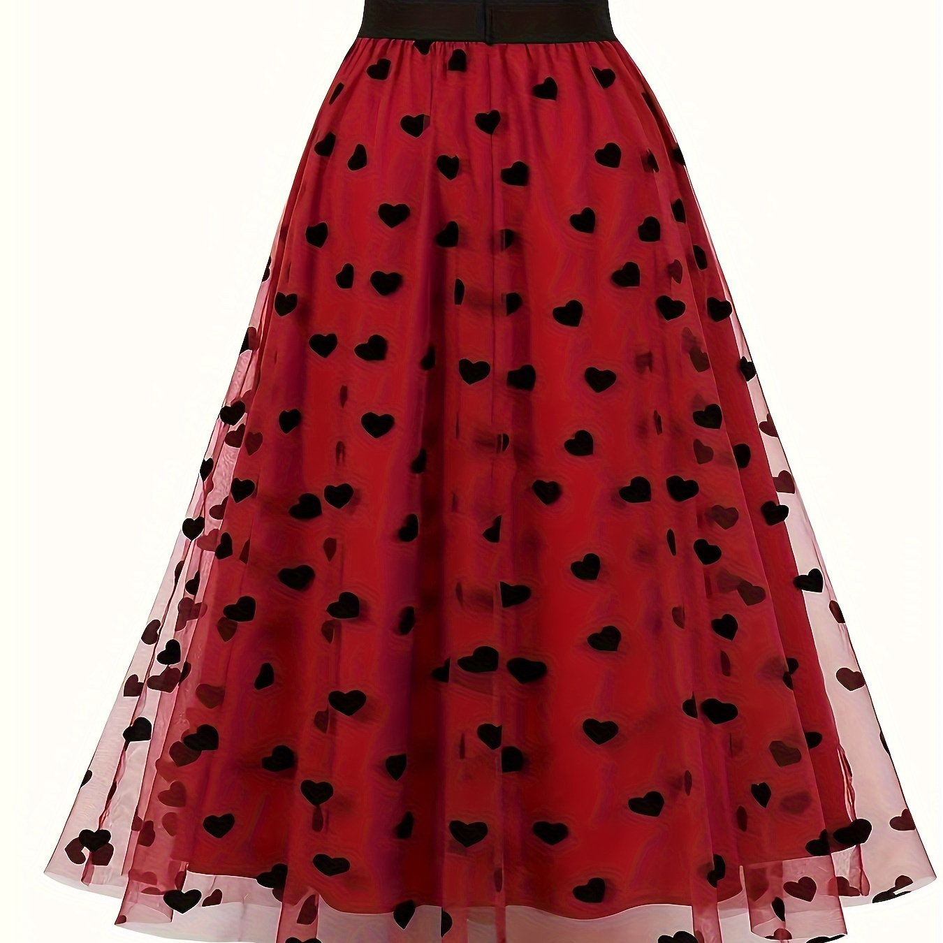 

Heart Print Elastic Waist Tulle Skirt, Casual A-line Skirt For Spring & Summer, Women's Clothing