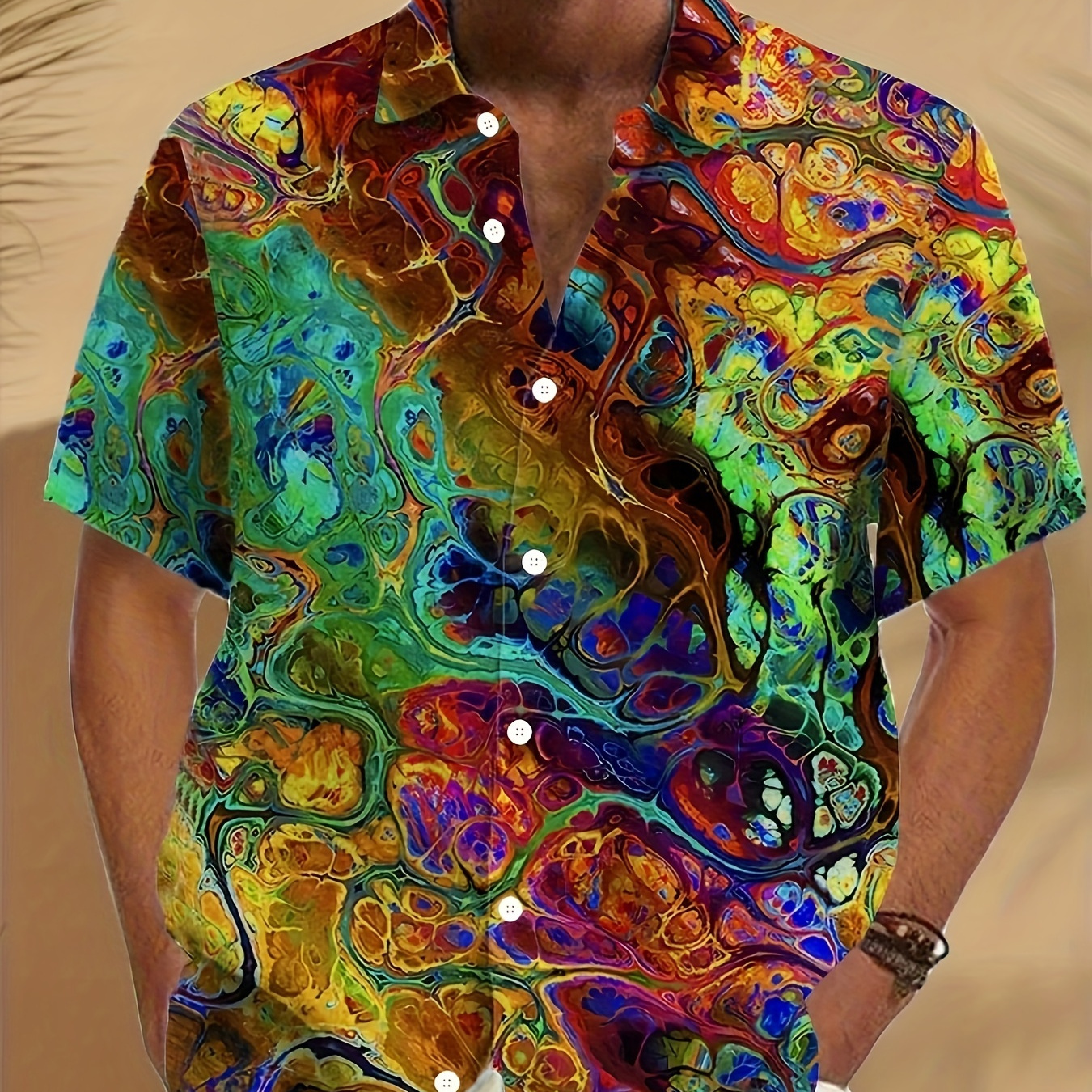

Colorful Print, Men's Button Up Short Sleeve Shirt For Summer