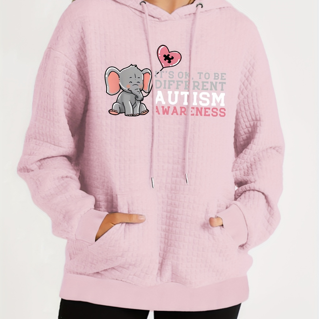 

Plus Size Autism Awareness Print Kangaroo Pocket Hoodie, Casual Waffle Knit Long Sleeve Drawstring Hoodies Sweatshirt For Spring & Fall, Women's Plus Size Clothing
