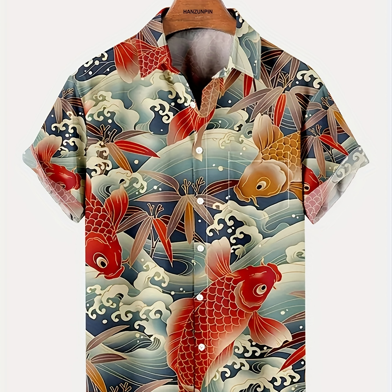 Men's Hawaiian Shirt With Auspicious Fish Graphic Print For Summer, Chinese Style Short Sleeve Shirt For Males, Plus Size