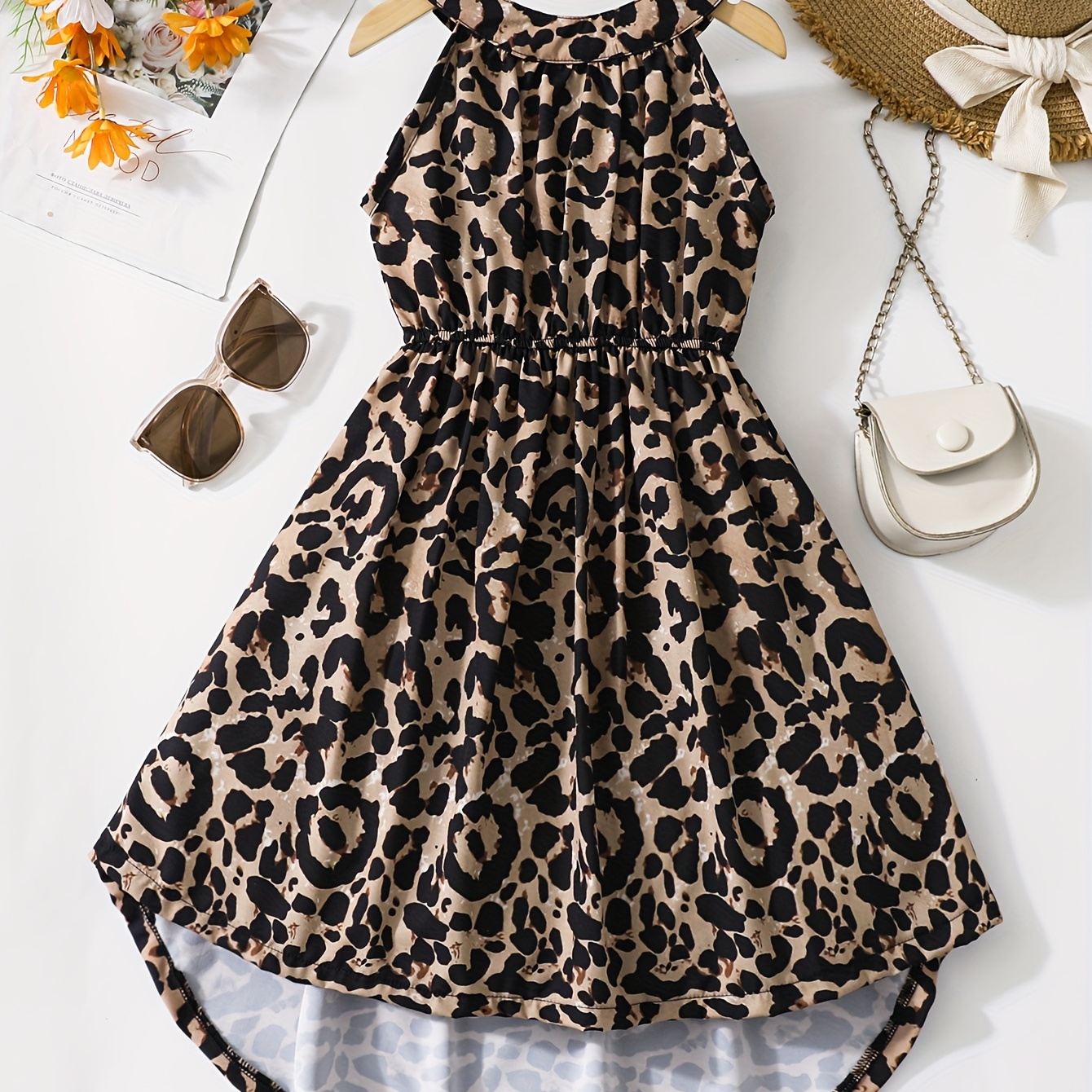 

Girls Leopard Print Halter Dress Asymmetrical Hem A-line Sleeveless Dress