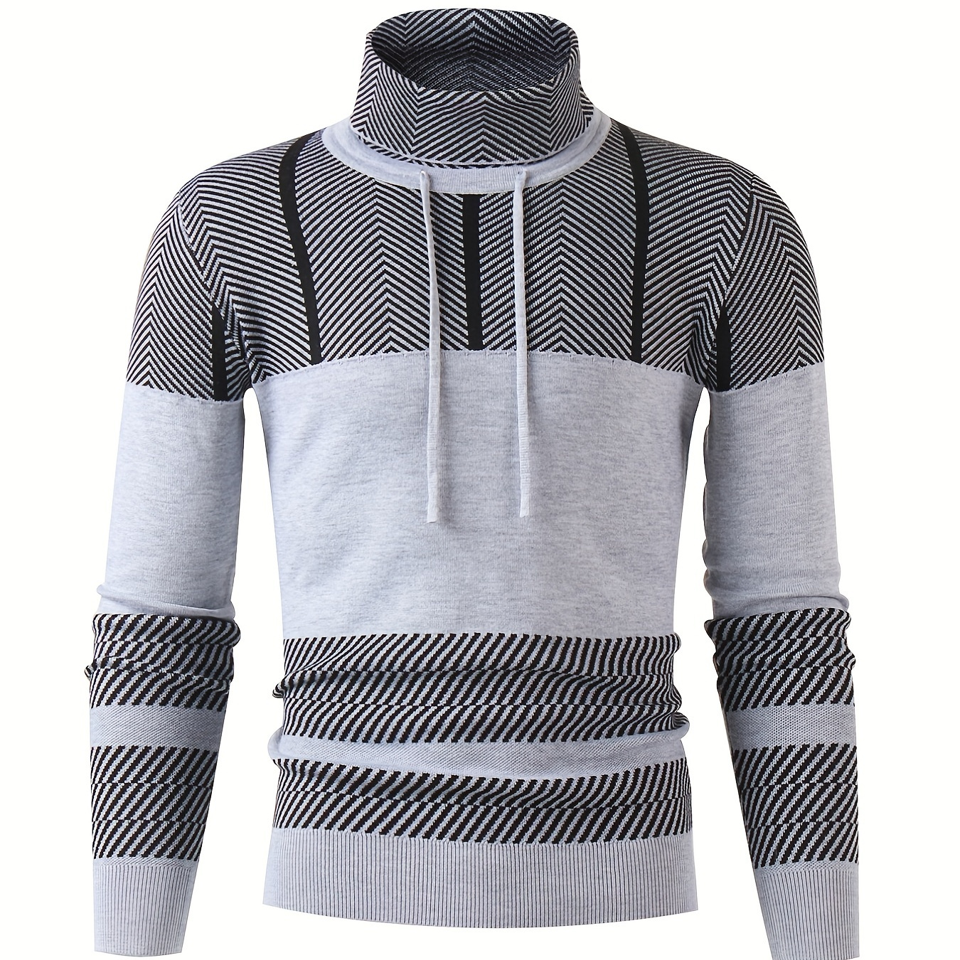 

Fashionable Men's Casual Suit, Contrast Colors, Striped Top, Long Sleeve Heaps Collar Knit Sweater, Suitable For Outdoor Sports And For Autumn And Winter, As Gift