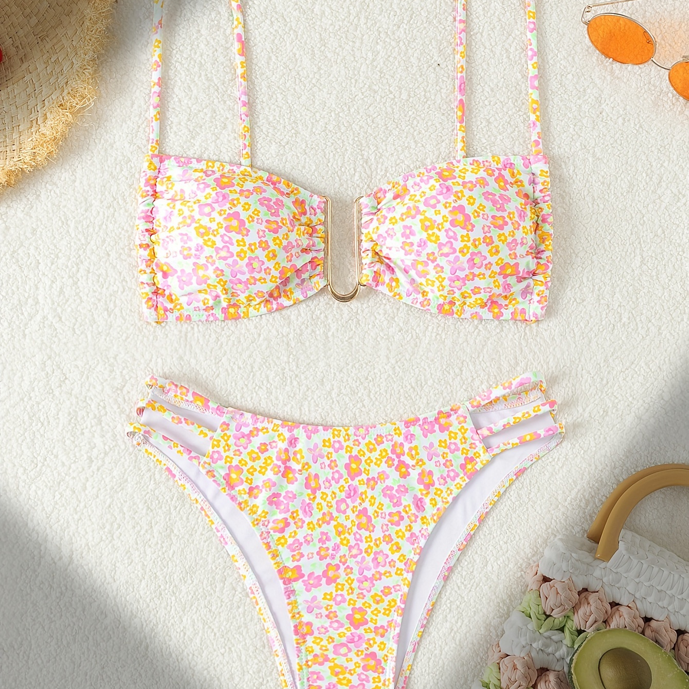 

Floral Pattern 2 Piece Set Bikini, U-wire Tie Back High Cut Swimsuits, Women's Swimwear & Clothing