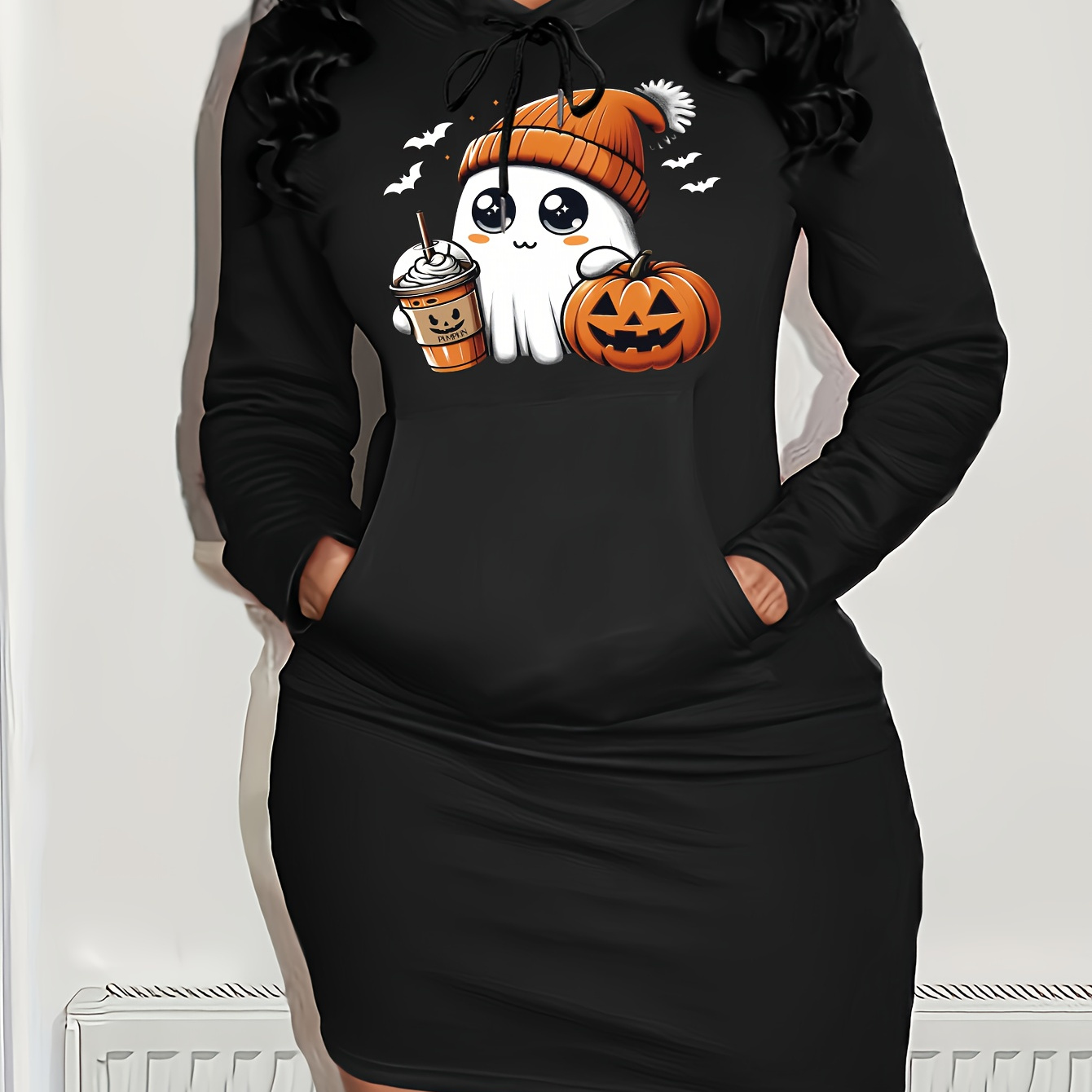

& Pumpkins Print Hooded Dress, Drawstring Kangaroo Pocket Long Sleeve Casual Dress, Women's Clothing