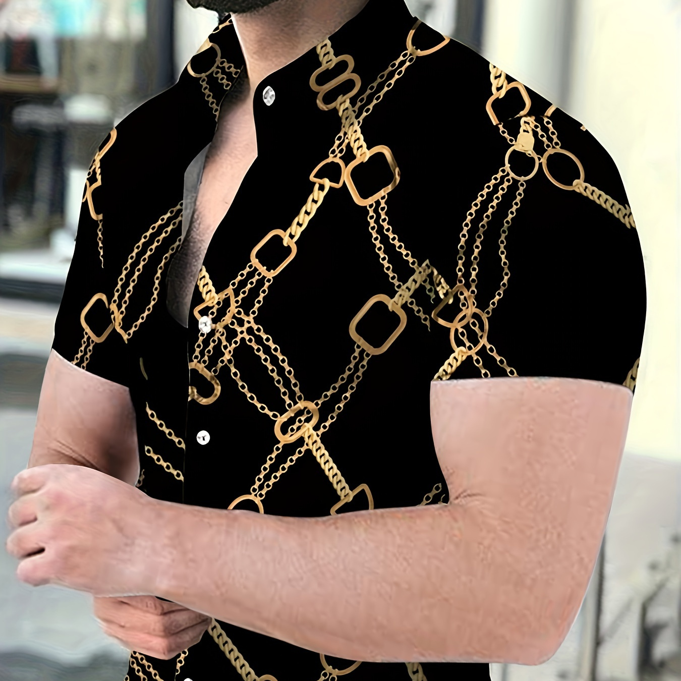 

Black Chain Pattern Print, Men's Lapel Short Sleeve, Simple Trendy Shirt, Versatile Top For Holiday Spring Summer Dates Holiday Daily Commute Holiday Leisure Vacation