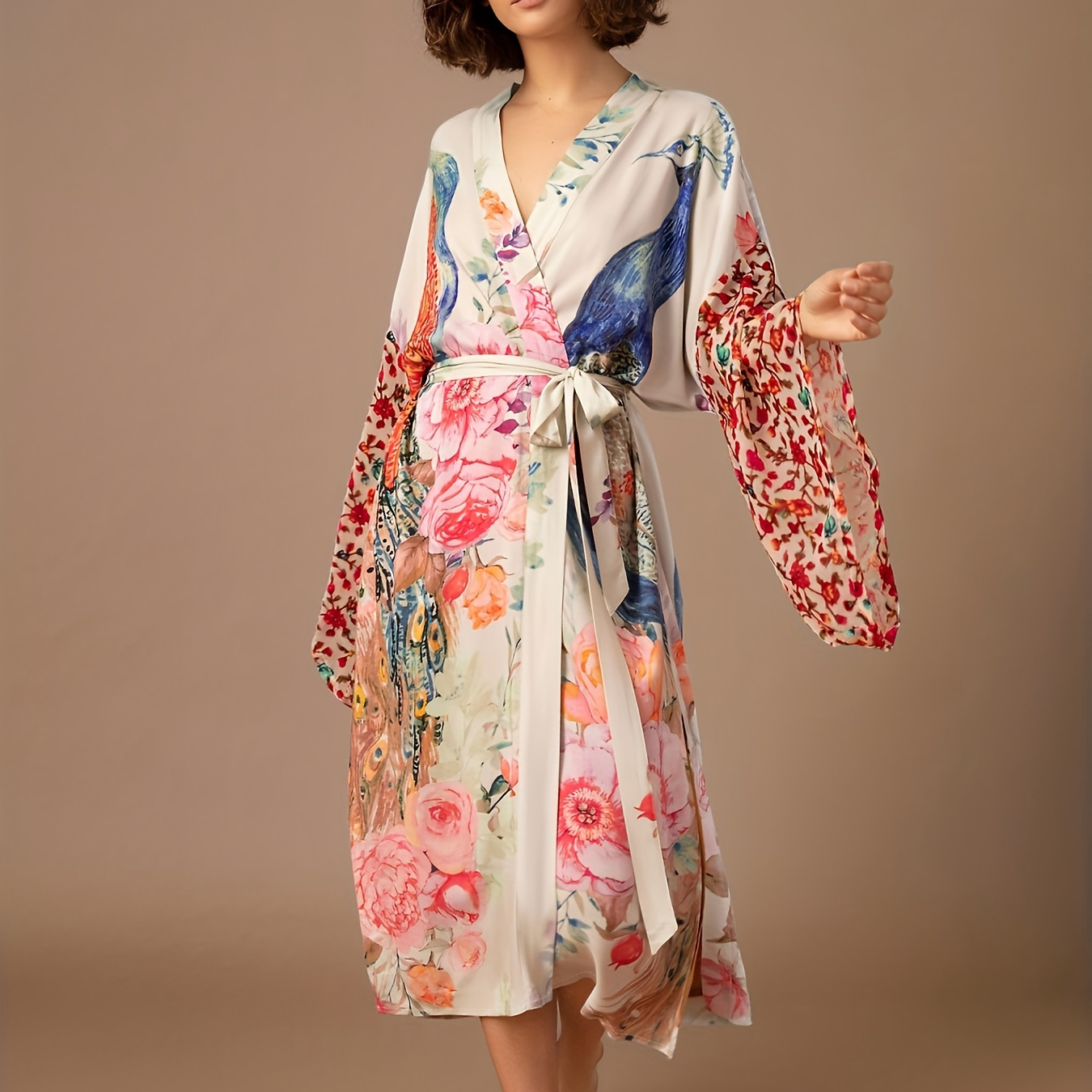 

Floral Peacock Print Cover Up Kimono, Long Sleeves Loose With Waistband Robes, Women's Swimwear & Clothing