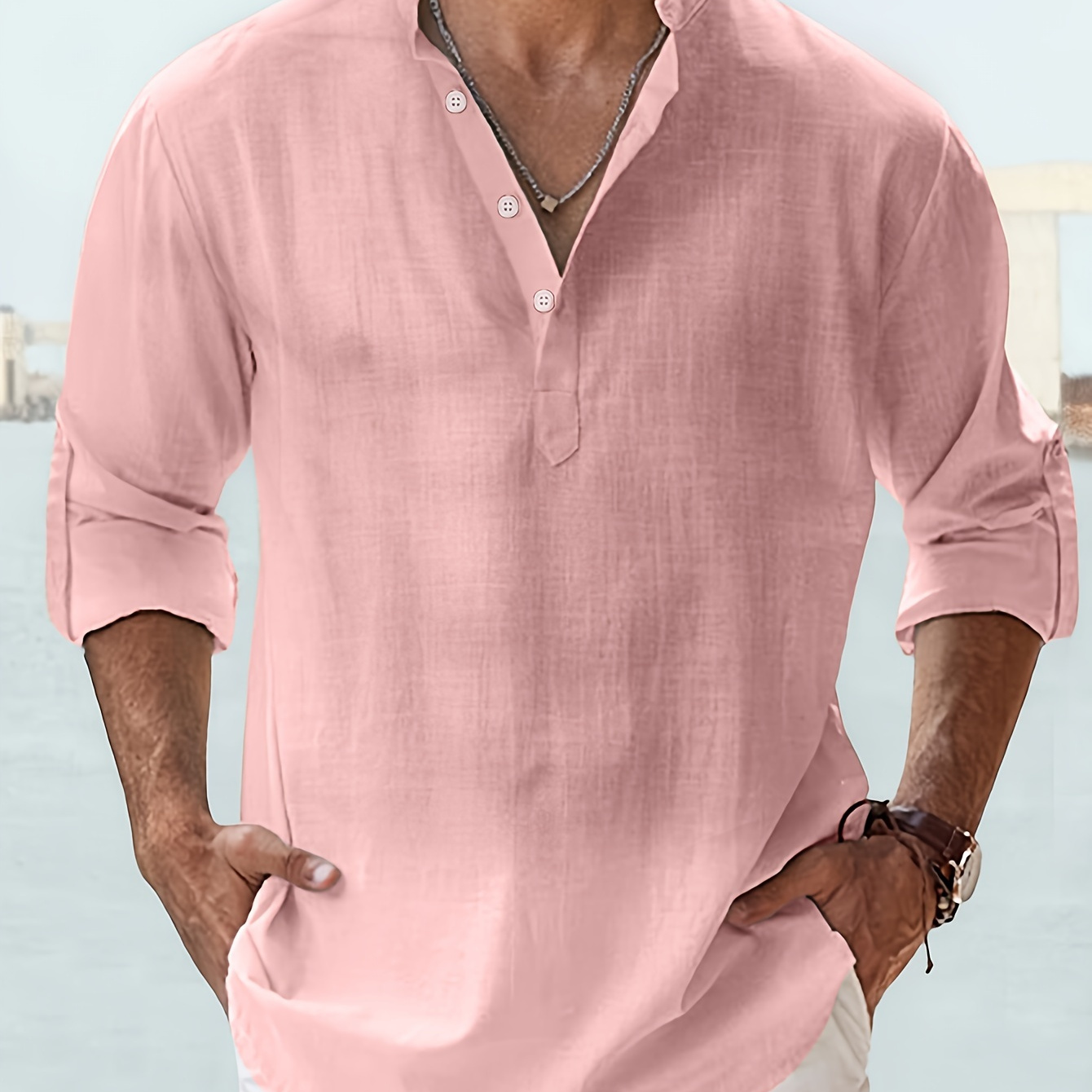 

Chemise Décontractée À Manches Longues Pour Hommes, Couleur Unie, Avec Bouton Et Col Bateau, Printemps Et Automne En Plein Air