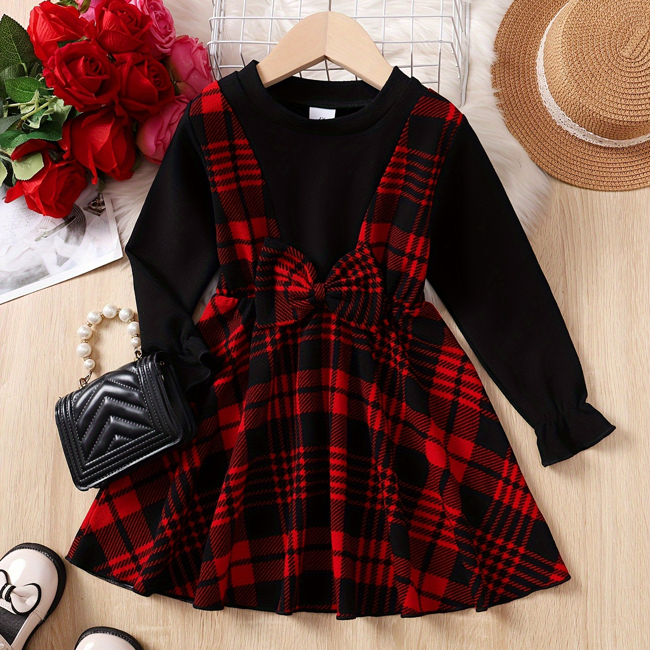 

Girls Vintage Style Splicing Plaid Dress Long Sleeve Dresses For Spring Fall Christmas Gift