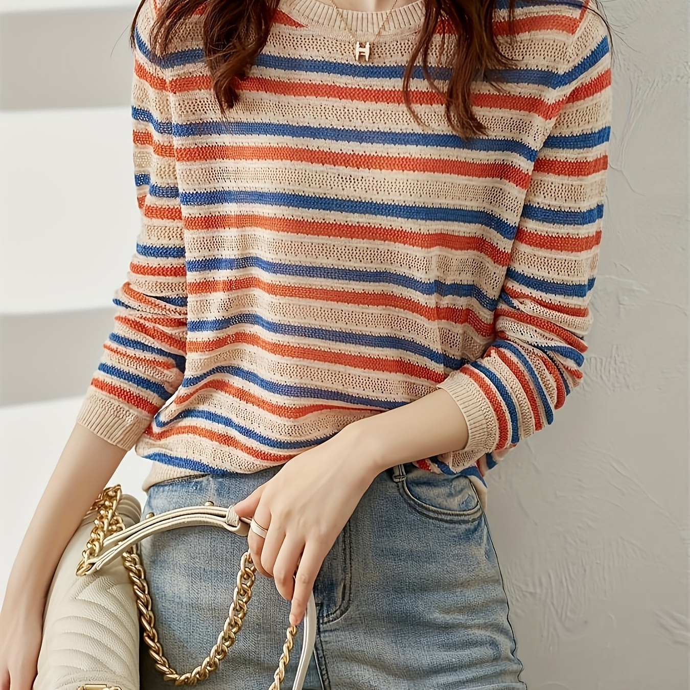 

Stripes Crew Neck Pullover Sweater - Knit For A Lightweight , Relaxed Fit, Long Sleeve Design, Unique Cut Out Detail, Soft And Breathable Knitted Fabric - Warmer Spring And , For Women