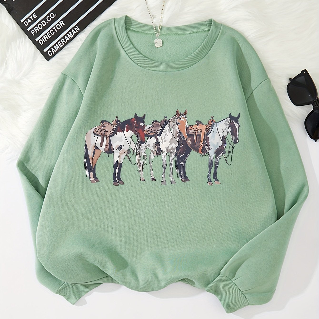 

Horse Print Pullover Sweatshirt, Casual Long Sleeve Crew Neck Sweatshirt For Fall & Winter, Women's Clothing