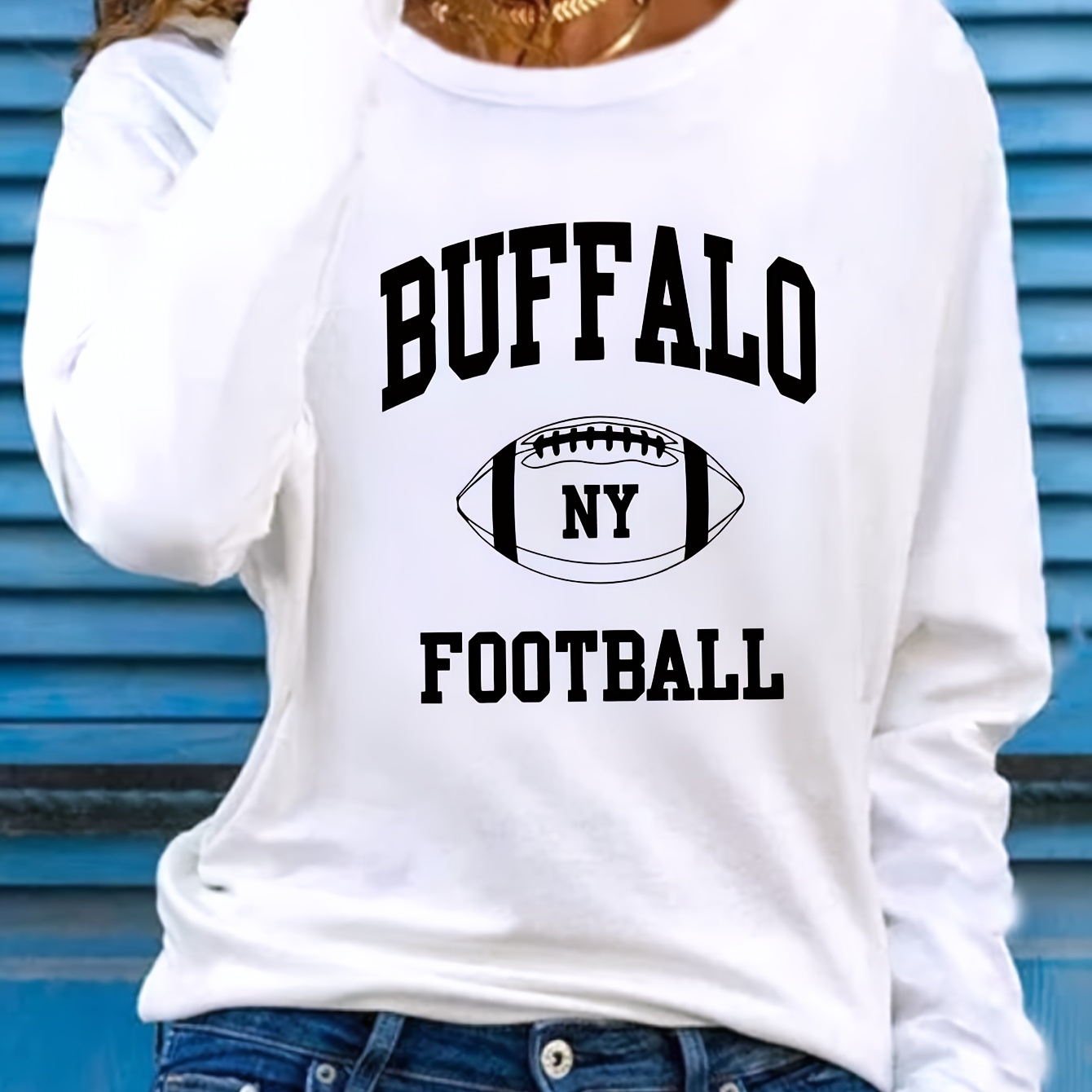 

Buffalo Ny Football Applique Long Sleeve Crew Neck T-shirt - Casual Polyester Knit Fabric, Alphabet Pattern, Regular Length, Fall/winter Season