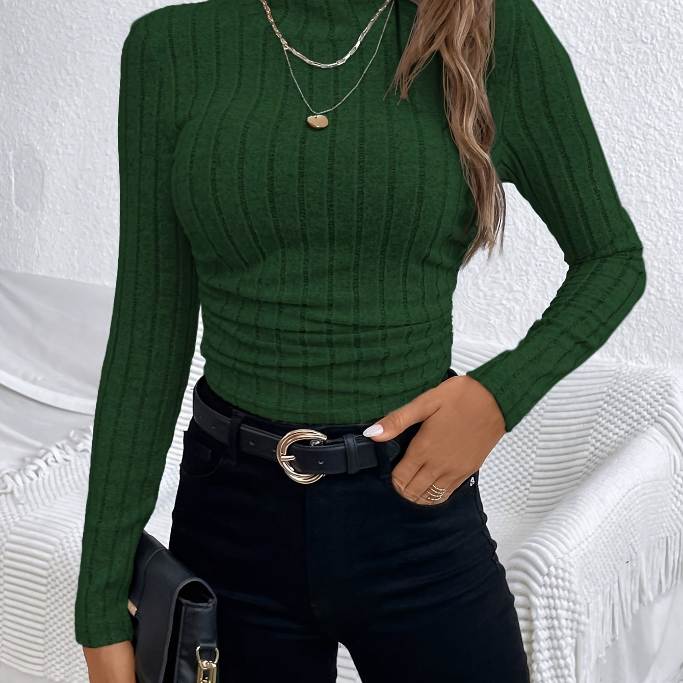 

Women's Elegant Ribbed Knit T-shirt, Green Gathered Side, Polyester, Regular Length, Crew Neck, Solid Color, Fashion Top For All