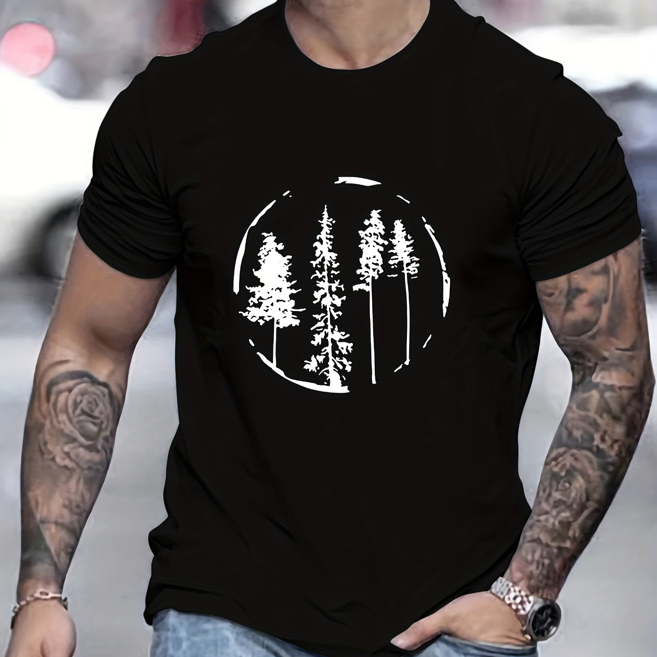 

T-shirt À Motif D'arbre À Encre Pour Hommes, Vêtements D'été Et D'extérieur Décontractés Pour Hommes