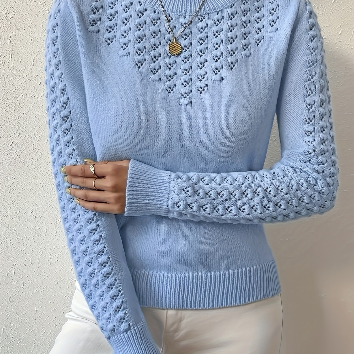 

Knit Crew Neck Sweater, Elegant Long Sleeve Sweater For Spring & Fall, Women's Clothing