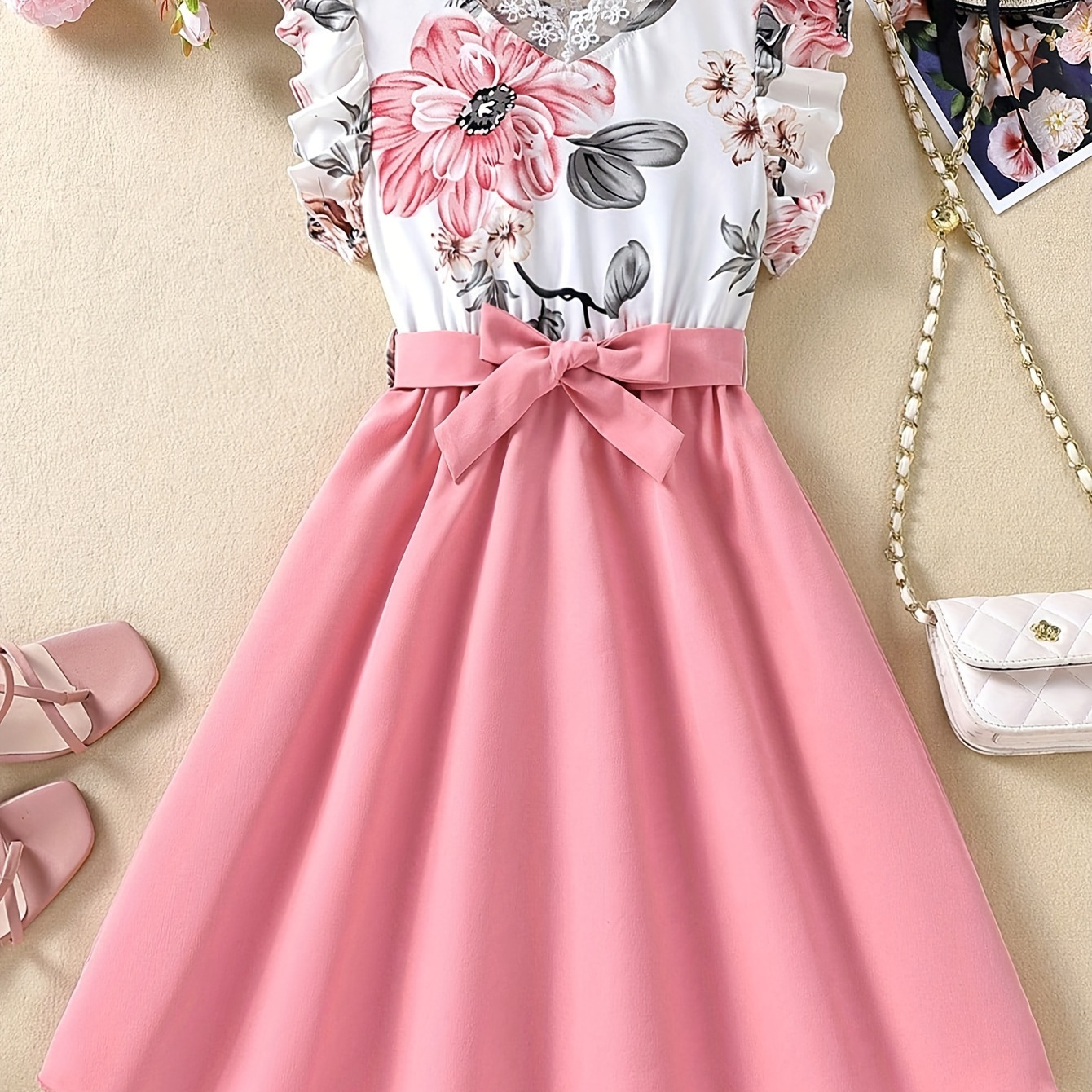 

Fashionable Floral Print Elegant Dress For Girls, Breathable Casual A-line Dress For Everyday, Summer Outfit