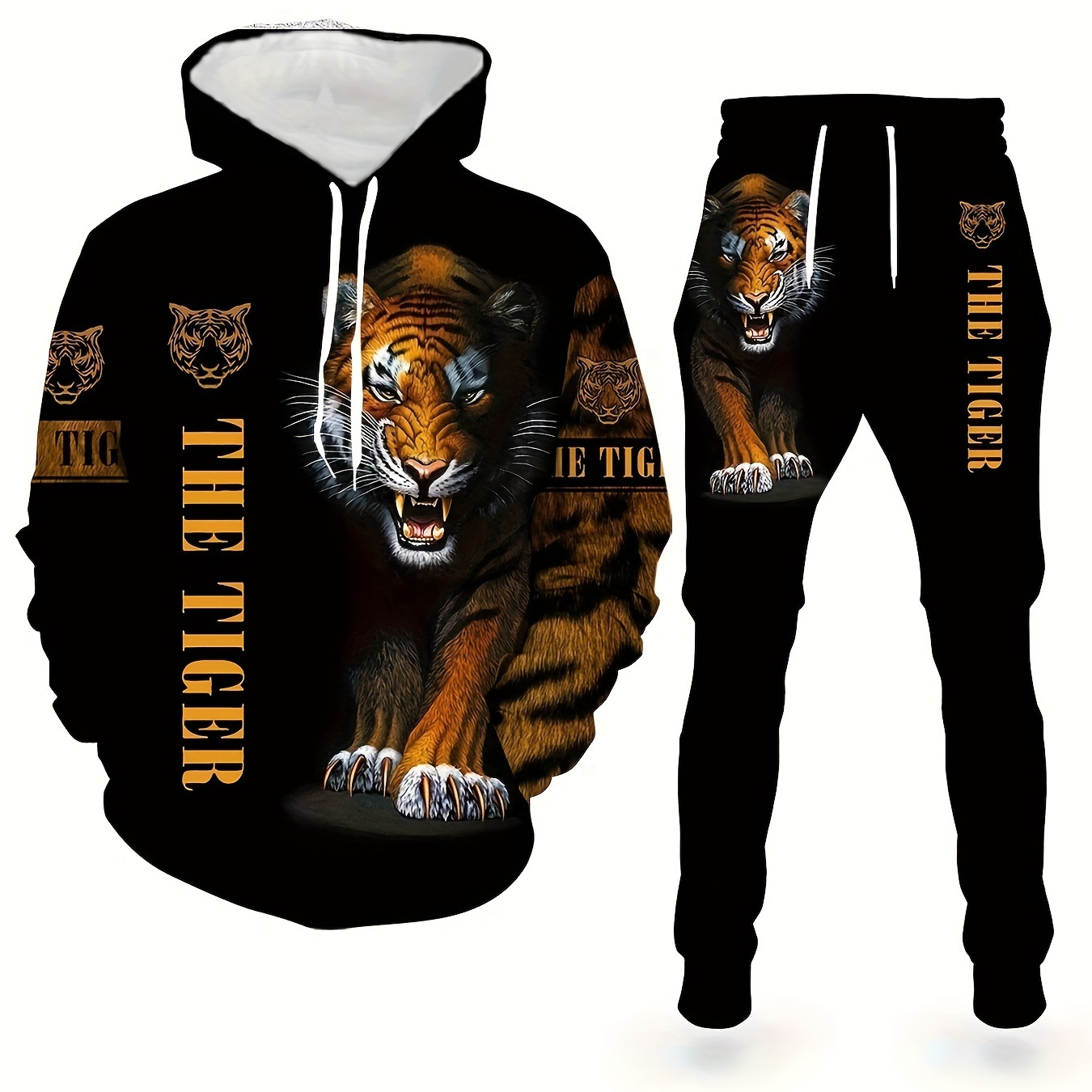 

Men's Tiger Pattern Print Fashion Novelty Pajamas Loungewear Set, Hoodie And Sweatpants Set, Long Sleeve Sweatshirts Jogger Pant 2 Piece Outfits For Men