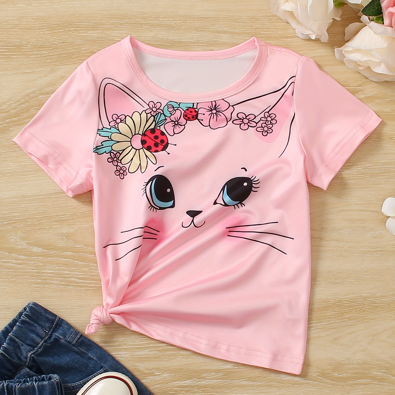 

Girls Round Neck T-shirt Top Cute Cat Short Sleeve Tee For Kids Summer Clothes