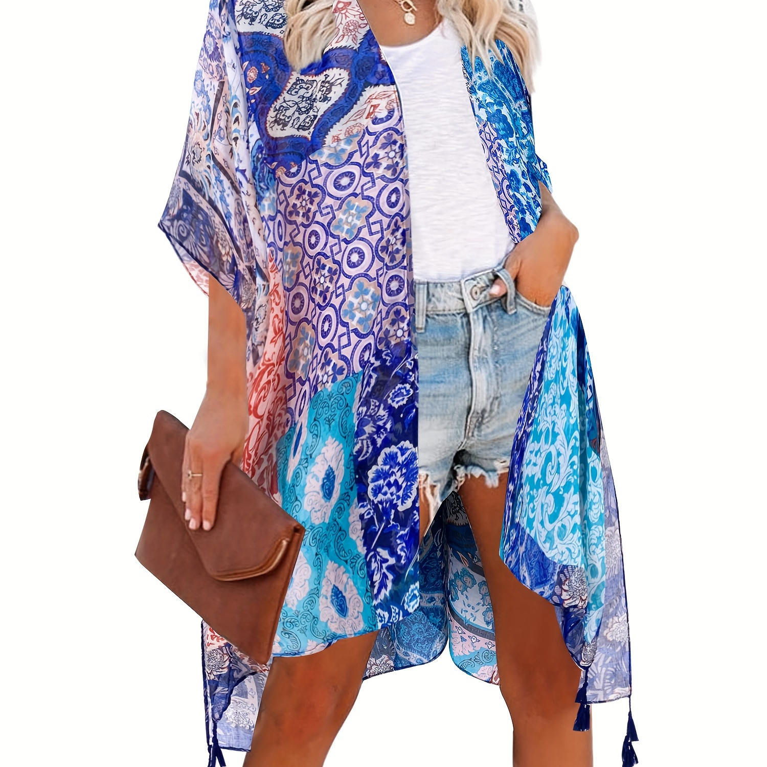 

Patchwork Print V Neck Long Length Top, Vacation Open Front Tassel Hem Loose Long Sleeve Top For Spring & Summer, Women's Clothing