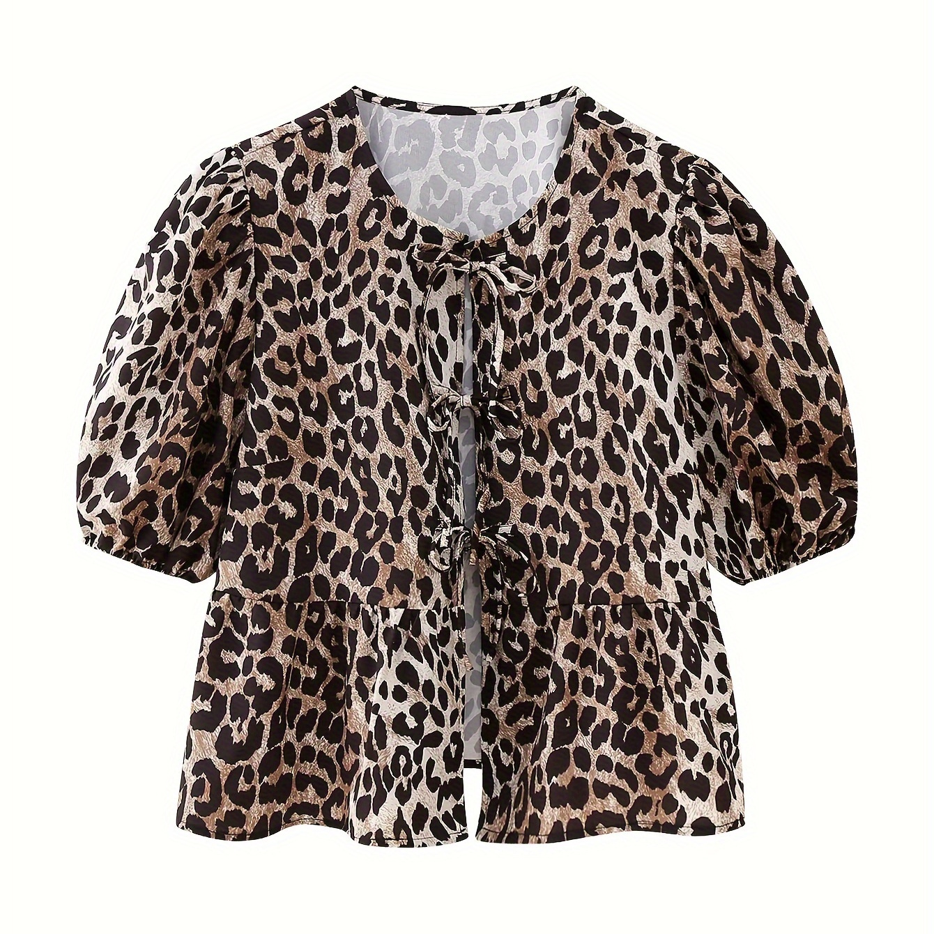 

Leopard Print Tie Front Crop Blouse, Stylish Puff Sleeve Blouse For Spring & Summer, Women's Clothing