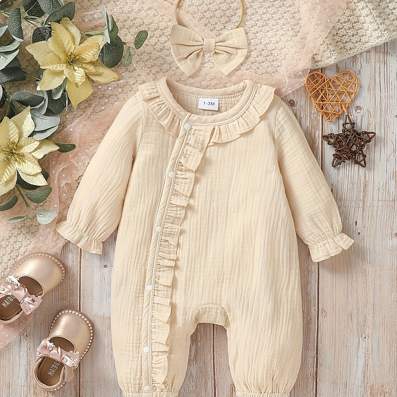 

Newborn Baby's Ruffle Decor Comfy Muslin Bodysuit, Casual Cotton Long Sleeve Romper, Toddler & Infant Girl's Onesie For Summer, As Gift