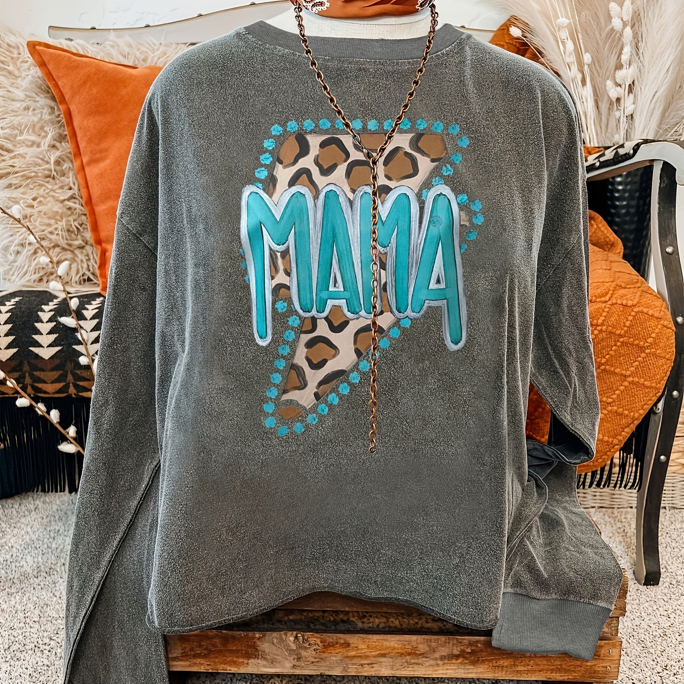 

Mama Print Sweatshirt, Crew Neck Casual Sweatshirt For Fall & Spring, Women's Clothing