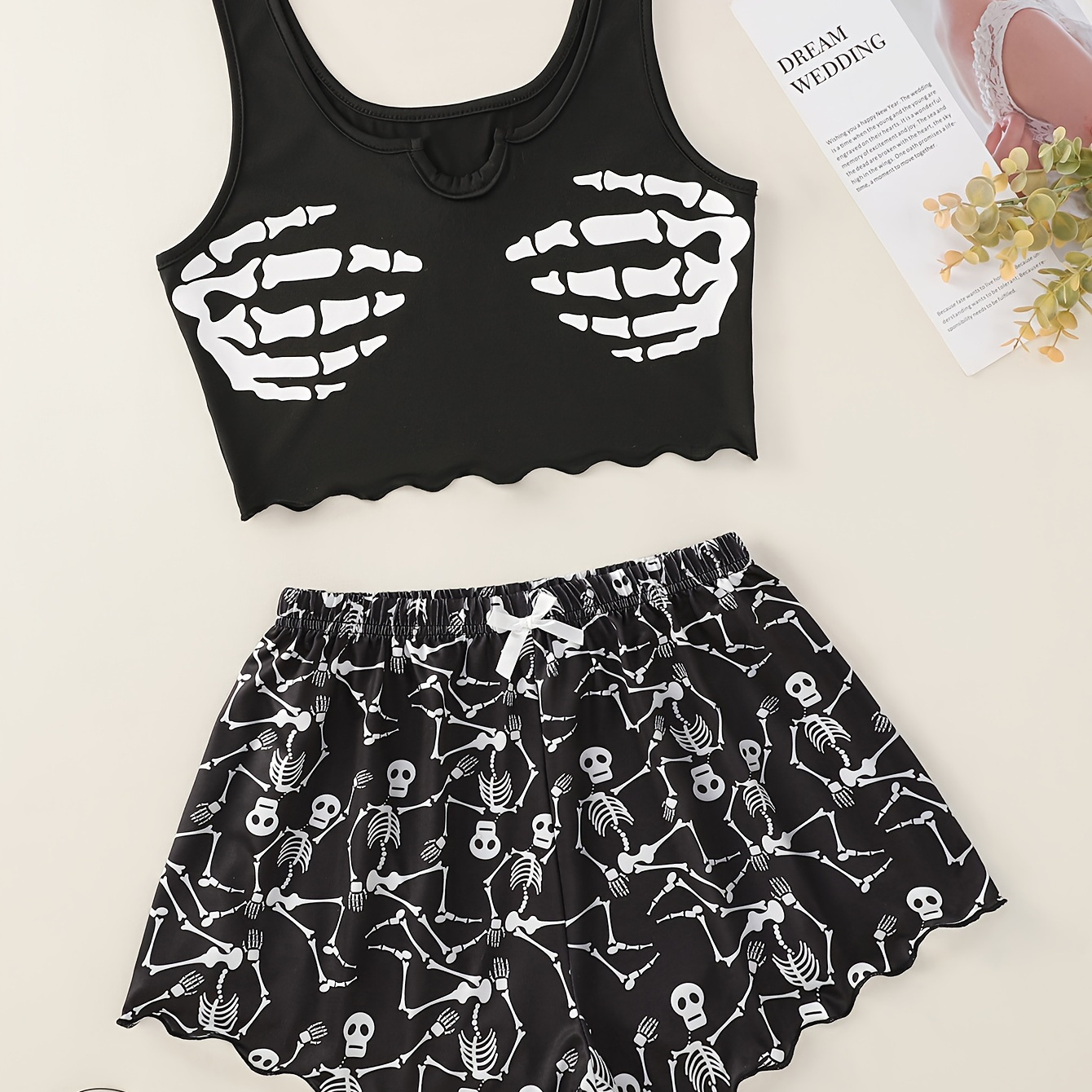 

Women's Plus Sexy Pajama Set, Plus Size Skeleton Print Notched Neck Frill Trim Crop Tank Top & Shorts Lounge 2 Piece Set