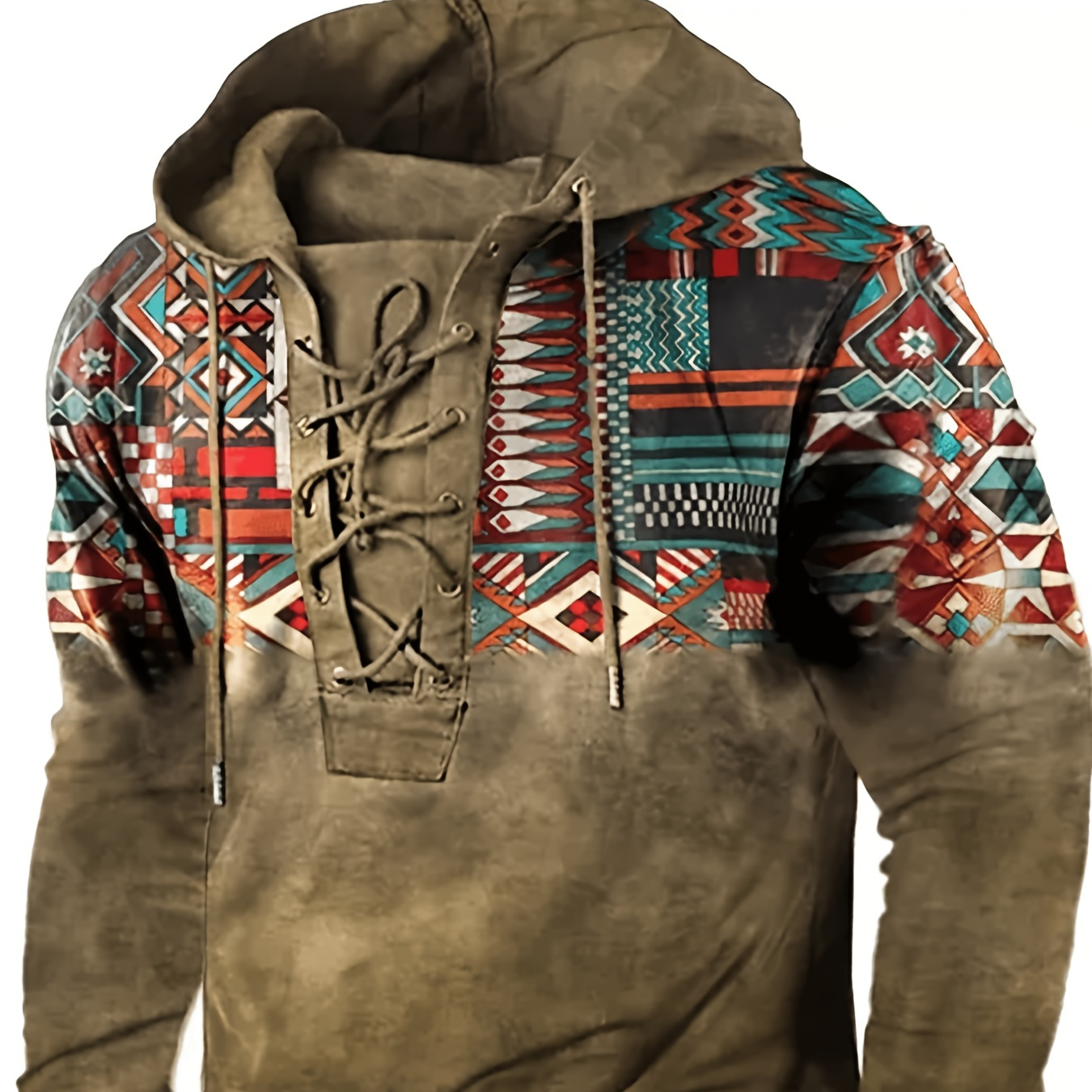 

Retro Ethnic Pattern Print Hoodie, Cool Lace Up Hoodies For Men, Men's Casual Graphic Design Hooded Sweatshirt Streetwear For Winter Fall, As Gifts
