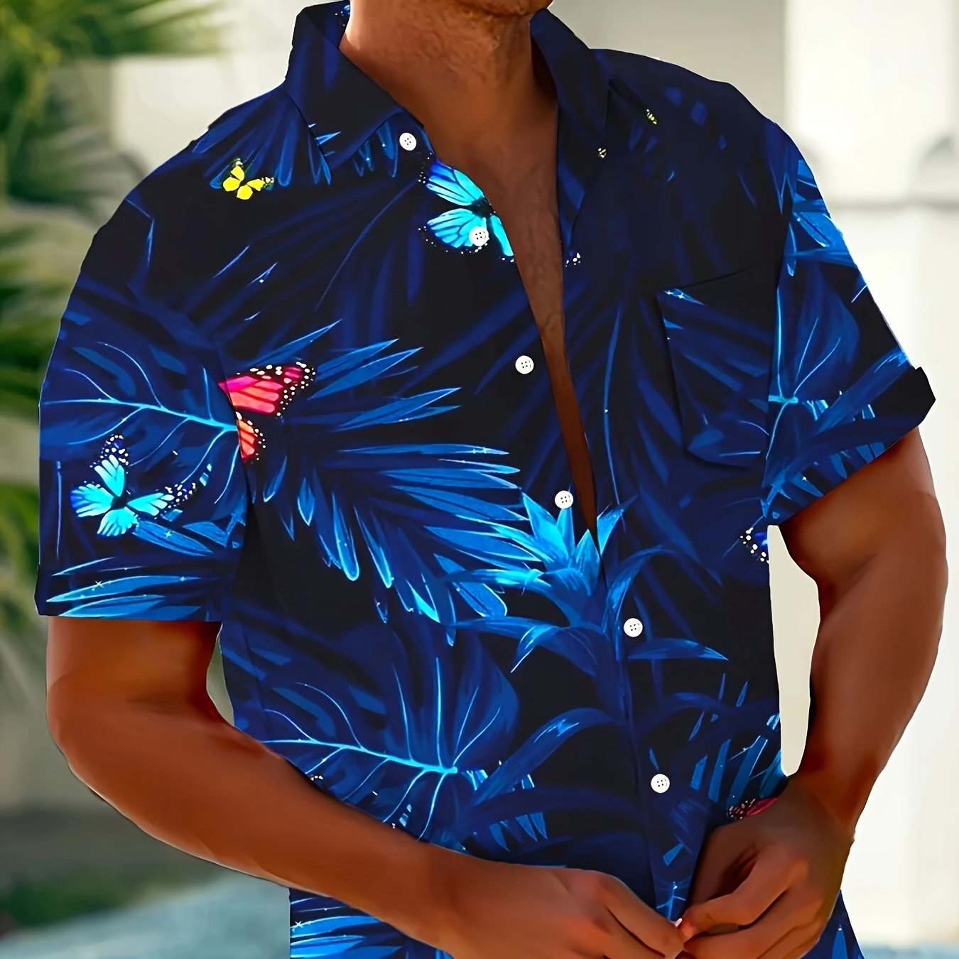 

Men's Hawaiian Butterfly Floral Print Short Sleeve Shirt With Button Pocket, Vacation Style Summer Casual Wear For Spring Summer