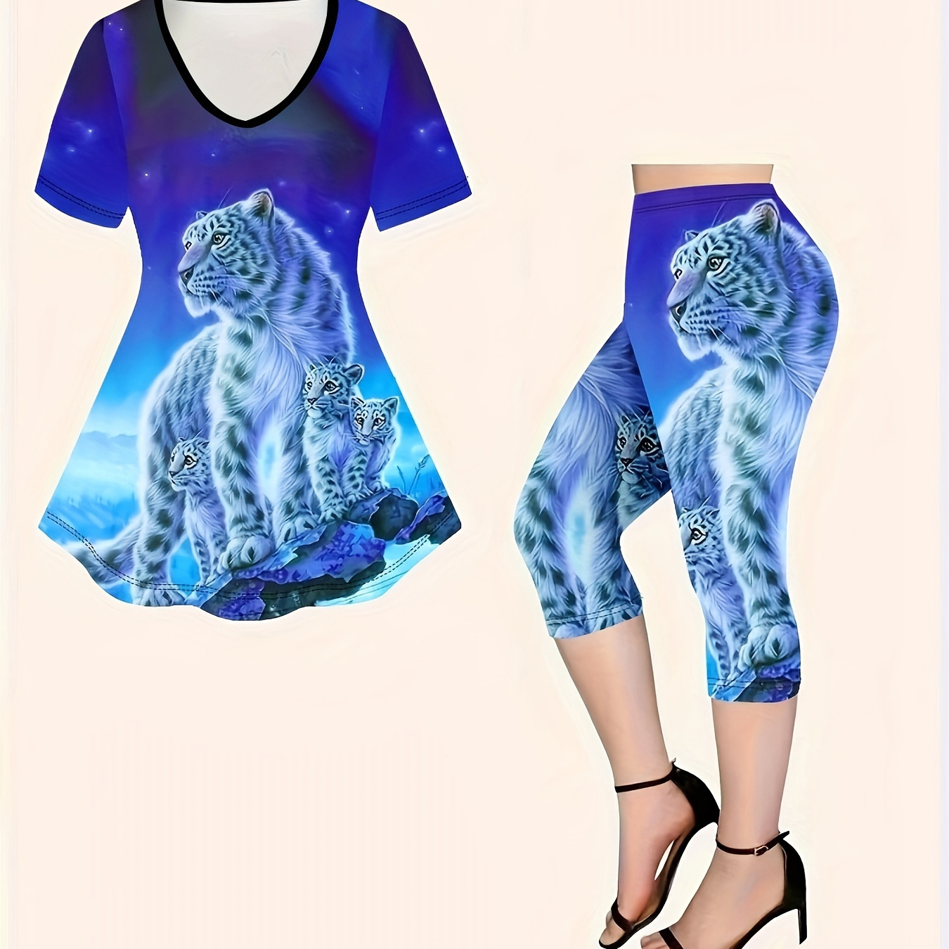 

Ensemble pièces décontracté à imprimé tigre, t-shirt à manches courtes à col en V et pantalon capri skinny, tenue pour et l'été, vêtements pour femmes.