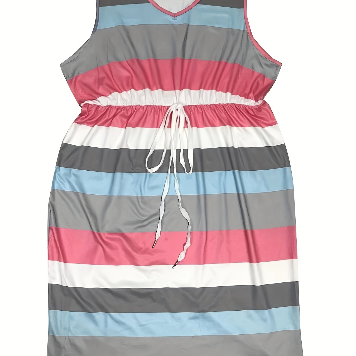 

Plus Size Colorblock Stripe Print Tank Dress, Casual Sleeveless Drawstring Dress For Spring & Summer, Women's Plus Size Clothing