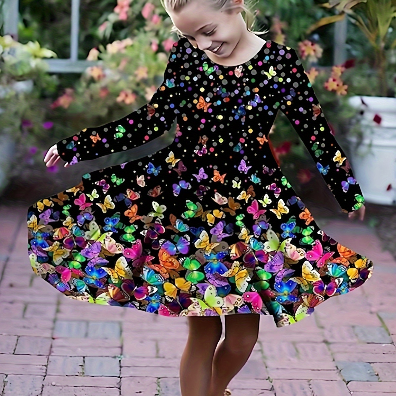 

Comfy Rainbow Butterfly Graphic Long Sleeve Dress Girls Crew Neck Dresses Spring Fall Gift Party