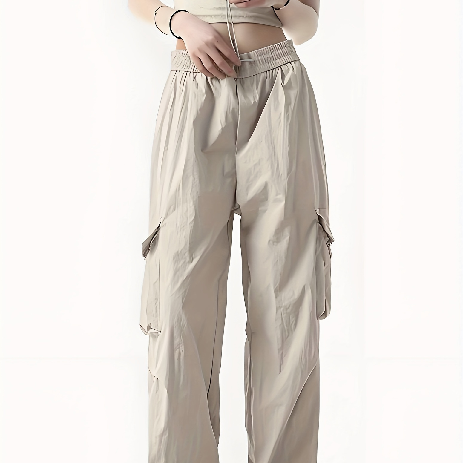 

Women's Casual Cargo Pants With Drawstring Waist And Multi- - Machine Washable, Solid Color, Loose