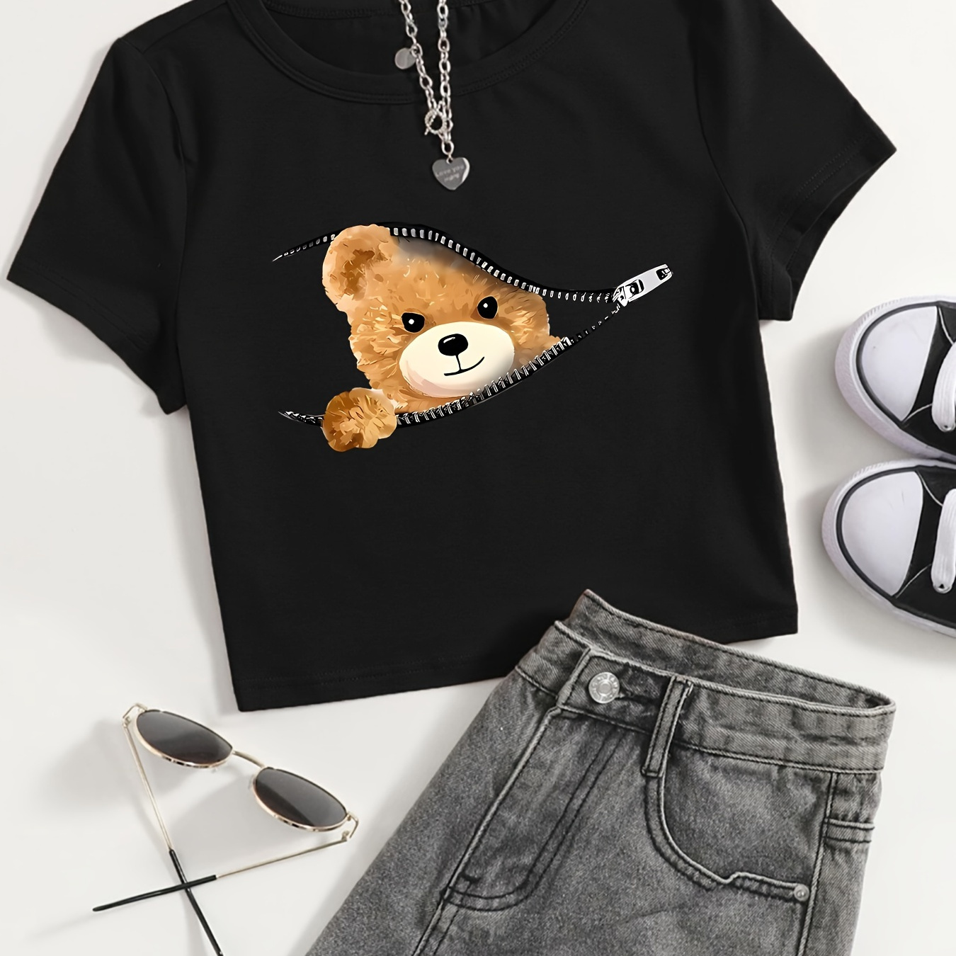 

Zipper Bear Print Crop T-shirt, Cute Crew Neck Short Sleeve Slim Top For Summer, Women's Clothing