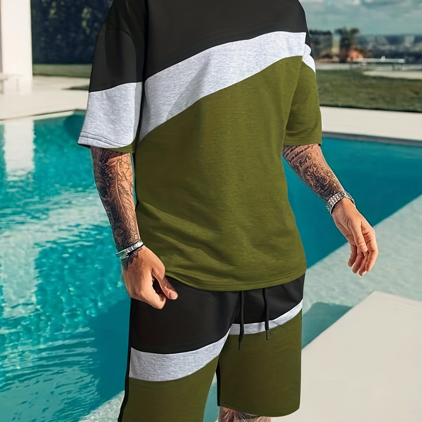 Casual Set For Men, Color Blocks T Shirt Shorts Set For Summer, Stylish 2Pcs Outifts, Plus Size